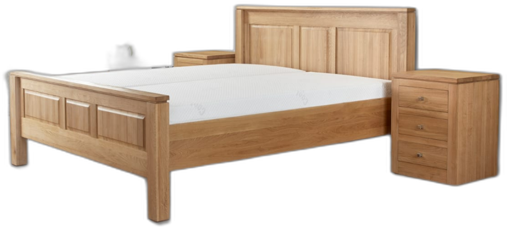York superking solid European oak bed with two matching three drawer bedside cabinets, tightly cropped product cutout on a transparent background