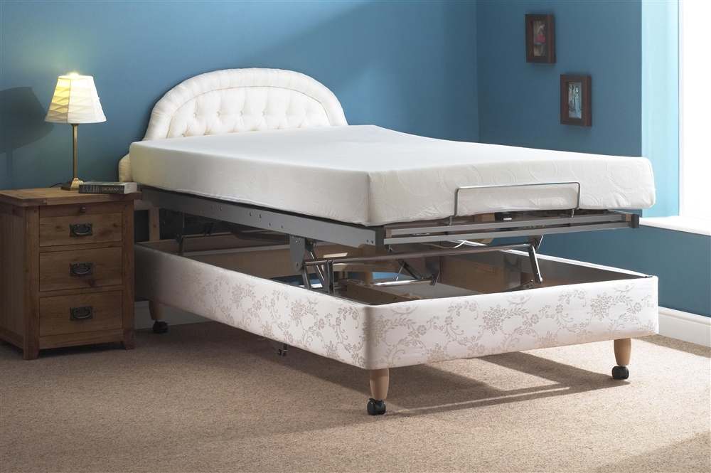 Profile and lifting adjustable bed for home use, shown raised in a profiled position
